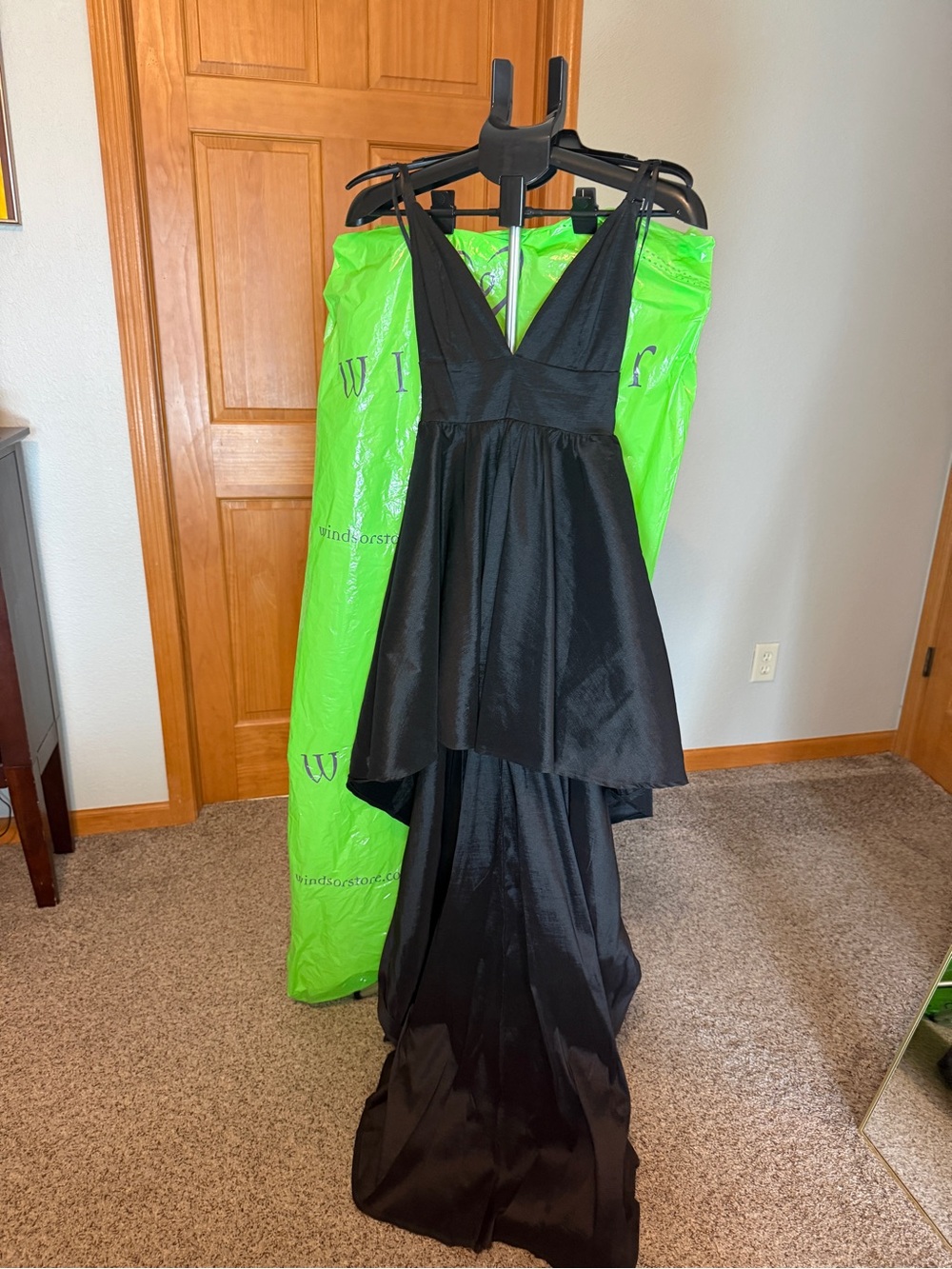 Windsor Black Satin V-Neck High-Low Evening Gown